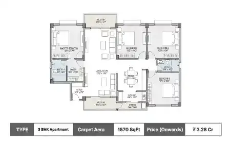Shree Yagna Hiranandani Eleva Goa 3 BHK Apartment floor plan, 1570 sq ft carpet area